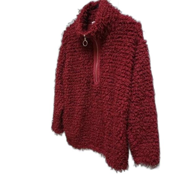 SKYE'S THE LIMIT Womens M Red Cranberry Shaggy Teddy Zip Pullover Sweater Top - Picture 4 of 7